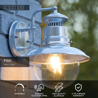 Lucide FIGO - Wall light Indoor/Outdoor - Ø 21,5 cm - 1xE27 - IP44 - Zinc